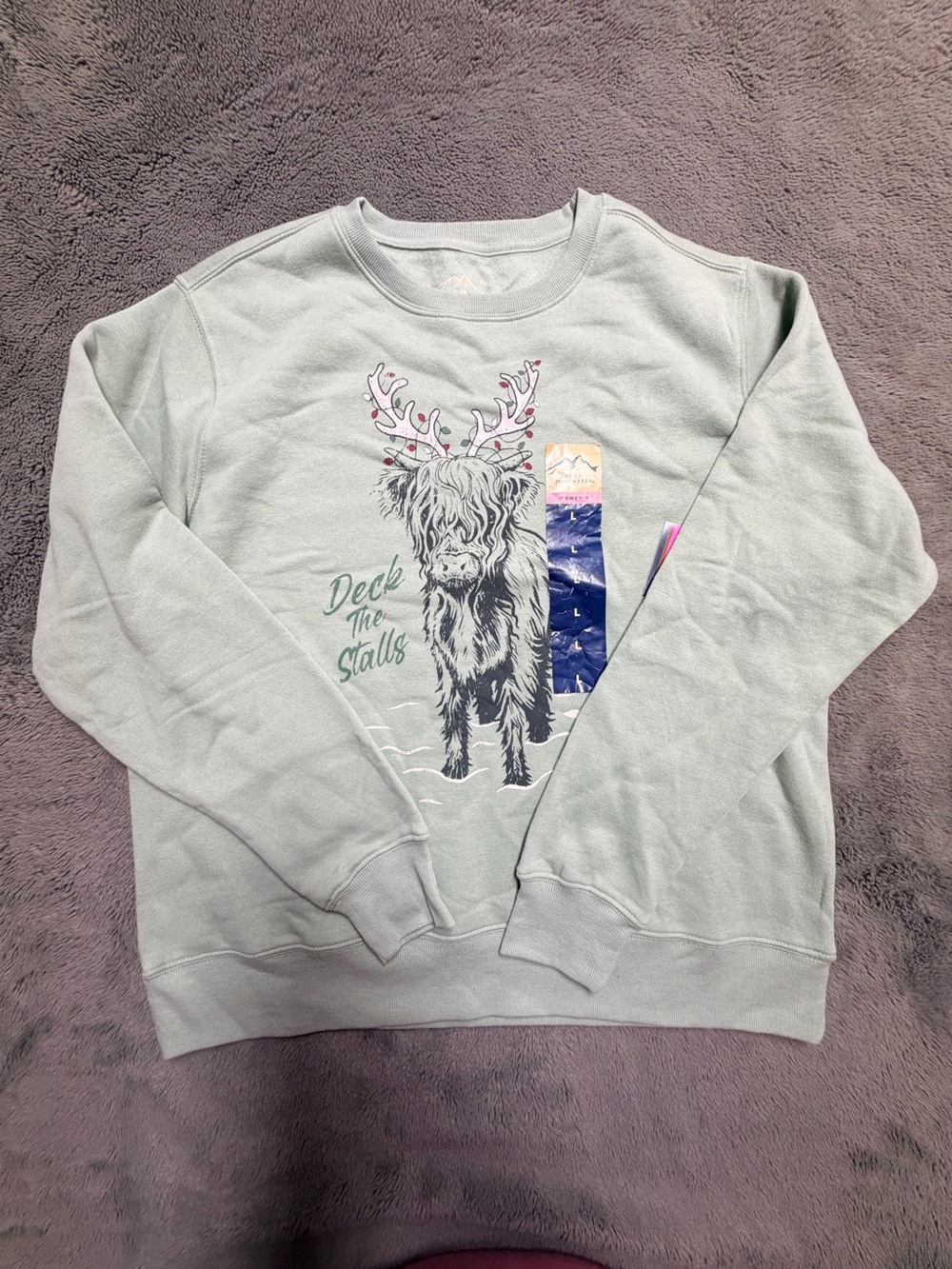 Cozy Sage Green Holiday Large Sweatshirt with Festive Highland Cow